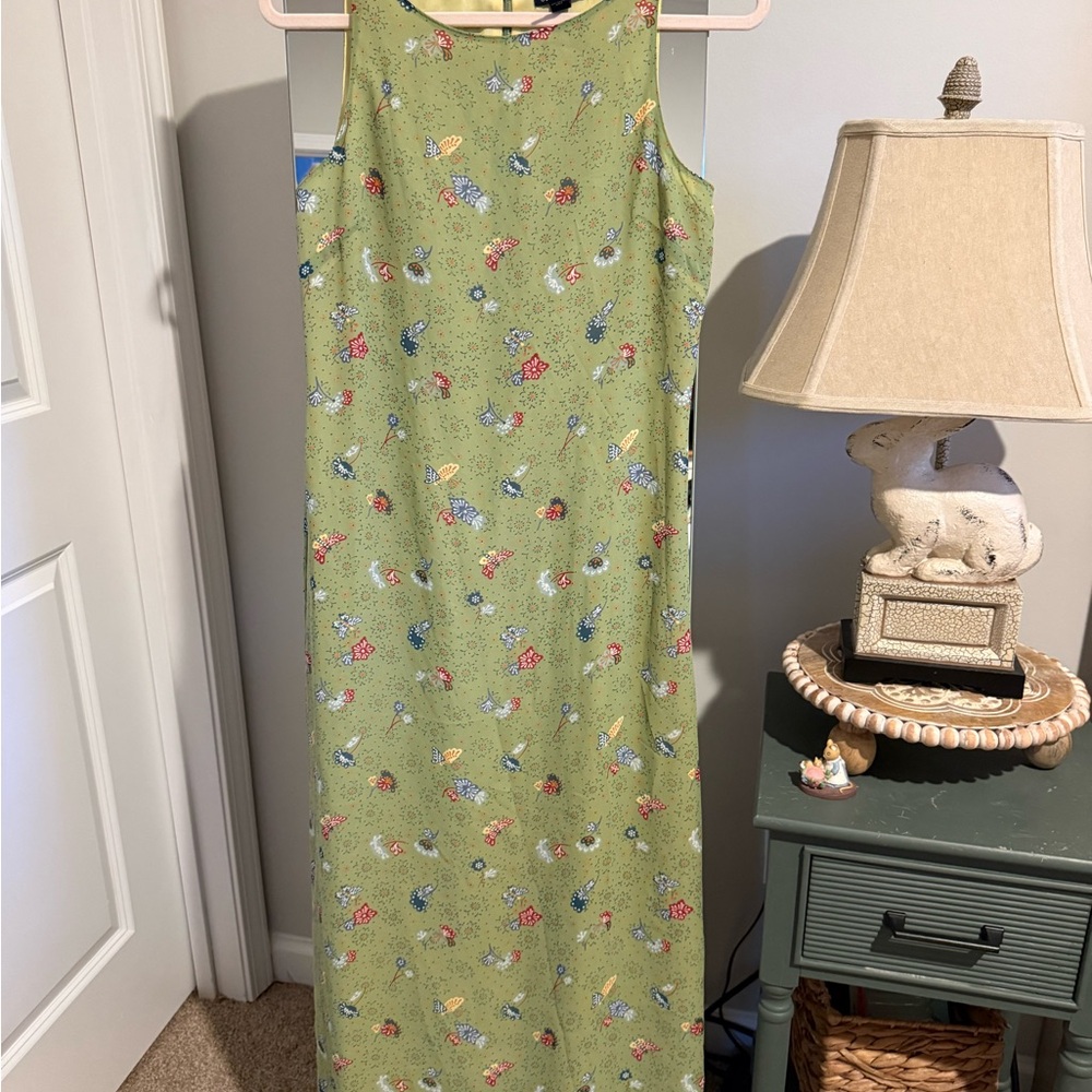 VINTAGE AE Floral Butterfly Green Maxi Sleeveless Dress